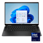 HP Spectre x360 14t laptop with Windows 11 desktop and an Intel Core Ultra 7 logo