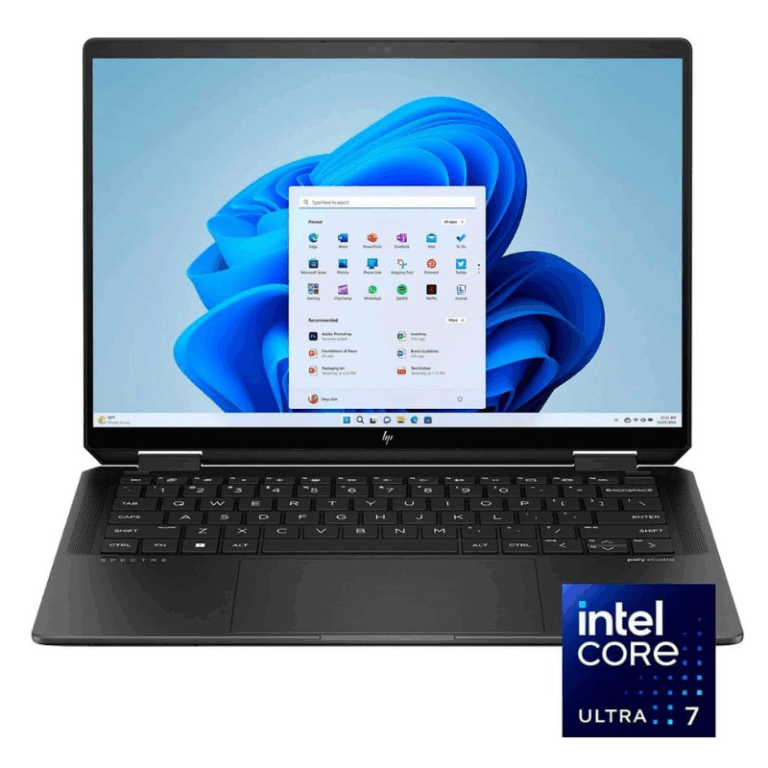 HP Spectre x360 14t laptop with Windows 11 desktop and an Intel Core Ultra 7 logo
