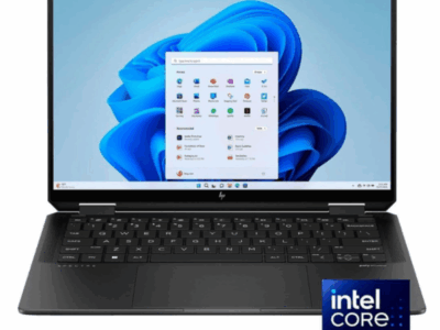 HP Spectre x360 14t laptop with Windows 11 desktop and an Intel Core Ultra 7 logo