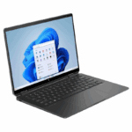 Laptop with thin profile and Windows 11 displayed on screen