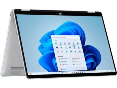 HP OmniBook 5 Flip in tent mode displaying Windows 11