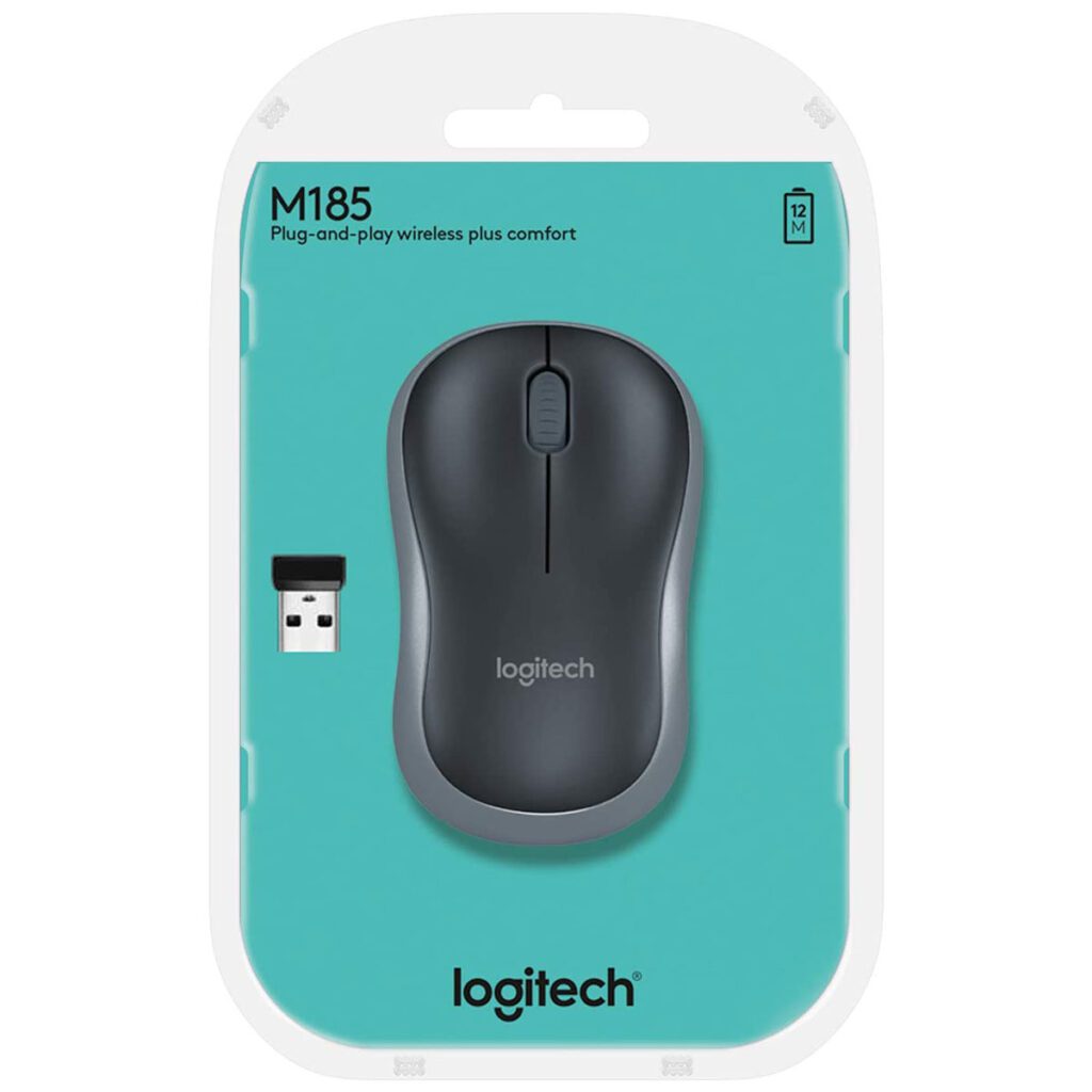 Logitech M185 Wireless Mouse with packaging and USB dongle